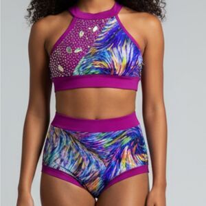 Custom solo dance costume neon convention colorful 2 piece set firework 14